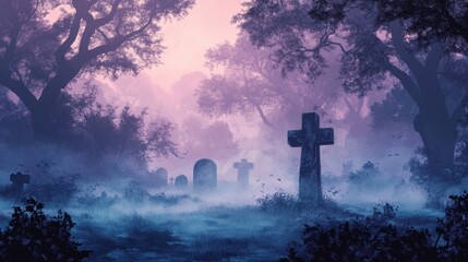 Mystical graveyard at dusk, shrouded in mist, surrounded by ancient trees. A haunting atmosphere perfect for eerie themes.