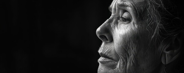 Close-up black and white portrait of a sorrowful middle-aged woman with tears. Free copy space for text.