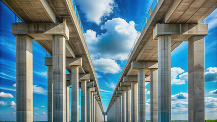 Cerulean sky backdrop behind unfinished concrete bridge pillars, bridge, construction, architecture, pillar, sky