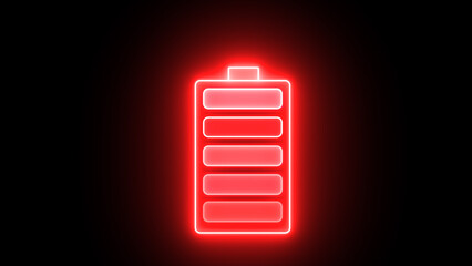 Glowing neon battery icon. Power and Electricity fire Ekmulato Battery.Charging level-up red battery symbol animation. Neon battery fast charging animation.