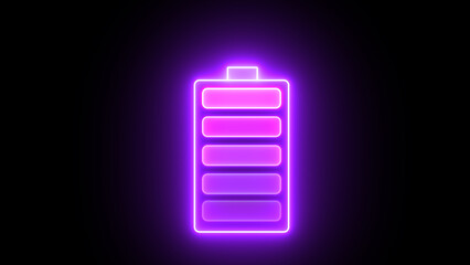 Glowing neon battery icon. Power and Electricity fire Ekmulato Battery.Charging level-up purple battery symbol animation. Neon battery fast charging animation.