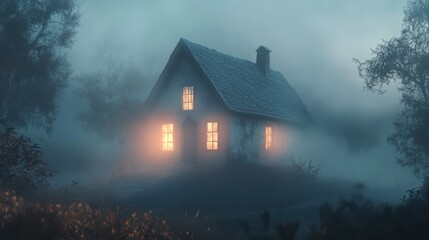 A cozy house illuminated in the misty forest, creating an enchanting and mysterious atmosphere perfect for storytelling.