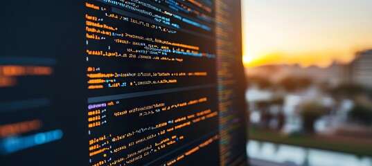 Lines of Code on Computer Screen with Cityscape Background at Sunset Programming and Development