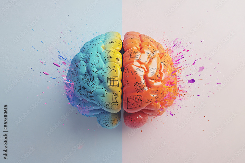Poster a 3d brain divided into blue and orange halves with dynamic splashes symbolizing creative and logica
