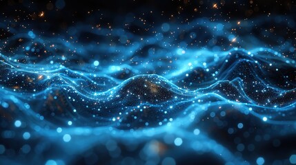 Mesmerizing blue waves of light and sparkles create a captivating digital ocean during nighttime. Generative AI
