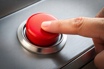 A red button is being pressed by a person's finger. The button is located on a wall and is surrounded by a silver frame. Concept of urgency or importance.