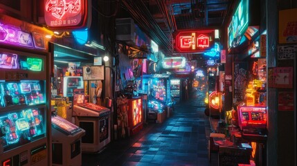 Fototapeta premium Neon Lights Alleyway Night Cityscape Urban Architecture