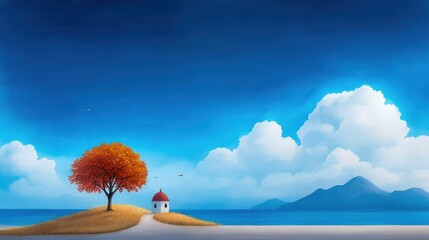 Obraz premium Peaceful Landscape: Tranquil Scene with Orange and Green Trees by Calm Light Blue Sea.