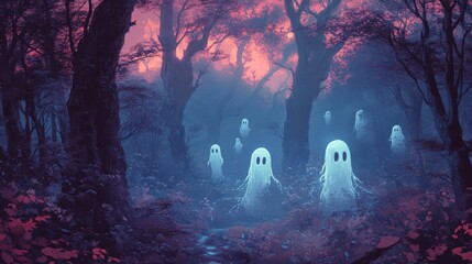 Obraz premium A haunting forest scene with ethereal ghosts emerging in a mystical, twilight atmosphere surrounded by dark trees.