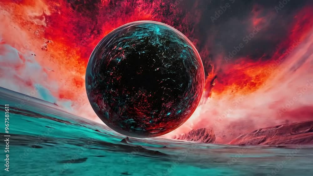 Poster glowing planet in surreal fiery celestial landscape generative ai