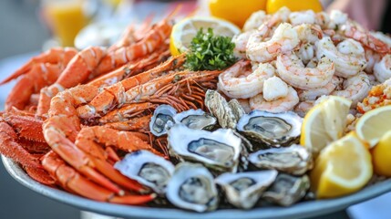 Seafood Platter with Shrimp, Lobster, Oysters and Lemons