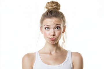 An expressive and emotional image of a surprised young woman, with natural makeup on a plain background, conveying the emotions of astonishment and curiosity