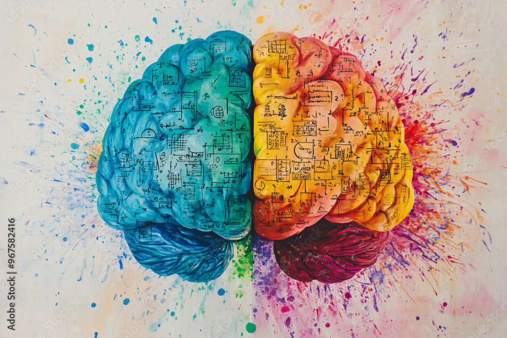 Poster an abstract colorful brain with blue and orange sides surrounded by splashes representing creativity