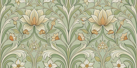Seamless Art Nouveau-inspired floral pattern on pale sage green background, floral, leaves, seamless, blouse, border