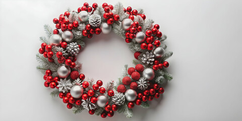 Red and silver modern holiday wreath perfect for adding a contemporary touch to Christmas decor , festive, shiny