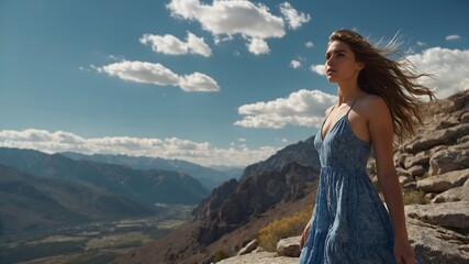 Naklejka premium woman in a dress in the mountains