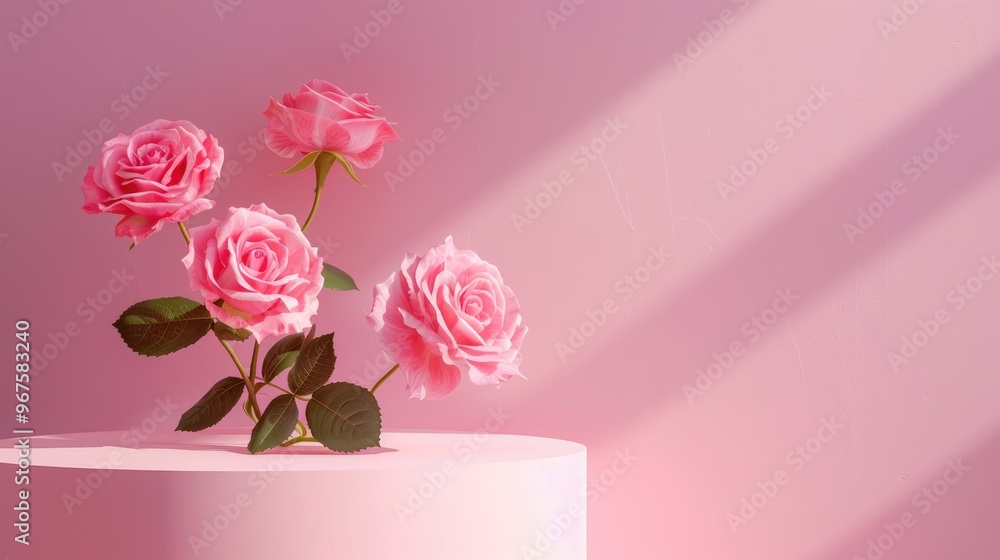 Poster Pink rose flowers on podium with pink background for product or cosmetic display