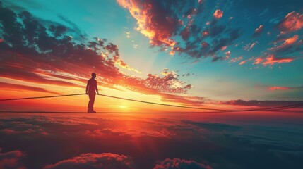 Fototapeta premium Emotional intelligence,&nbsp;balance emotion.&nbsp;Man walk thin rope with bad and good emotions.&nbsp;Unstable mental state and tight emotion control