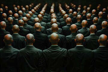 Fototapeta premium Crowd of bald men in suits seen from behind, uniformity in appearance.
