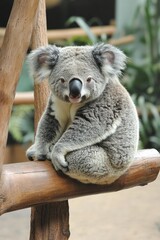 Fototapeta premium A cute koala sitting on a tree branch, looking directly at the camera with a relaxed expression - AI Generated Digital Art.