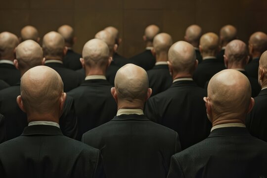 Crowd of bald men in suits seen from behind, uniformity in appearance.