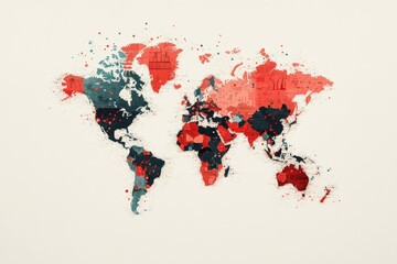 Fototapeta premium An artistic depiction of a world map showcasing trade routes between economies, filled with color splashes. Background is solid, emphasizing interconnectedness, diversity, and cultural exchange.