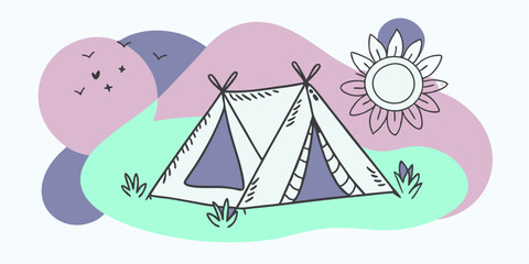 tent middle field sun background