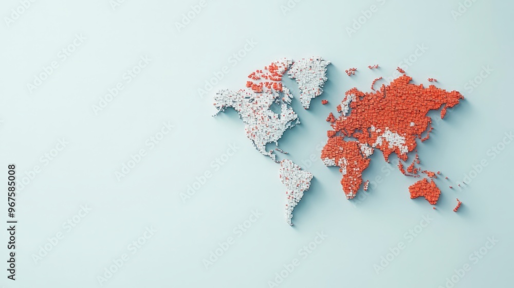 Poster the image features a map of the world formed with colorful blocks, representing globalization. the b