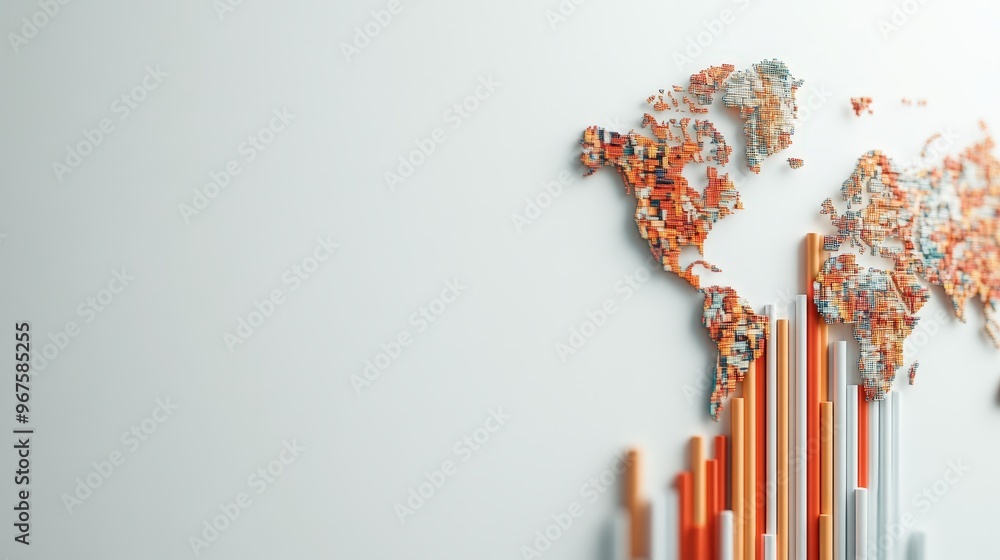 Aufkleber this image features a colorful map of the world alongside tall, rising bars indicating economic grow