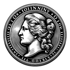 Detailed engraving of a classic coin with a profile portrait. Vector, generative ai.