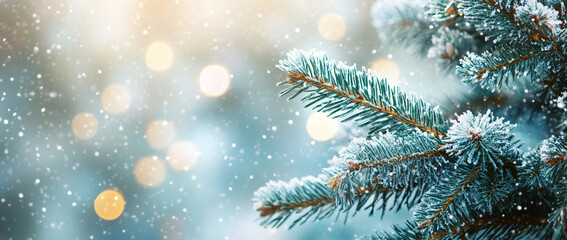 Close up of fir branches and christmas tree and snowy warm light blue background with sparkling lights