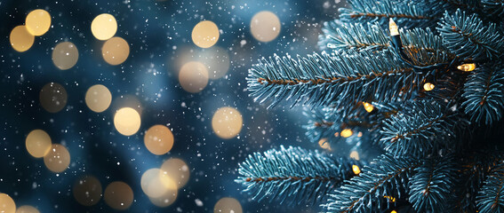 Close up of fir branches and christmas tree and snowy  blue background with sparkling lights