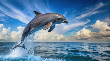 Fototapeta premium Dolphin gracefully leaping out of the water, dolphin, marine life, aquatic animal, jump, playful, nature, wildlife, ocean