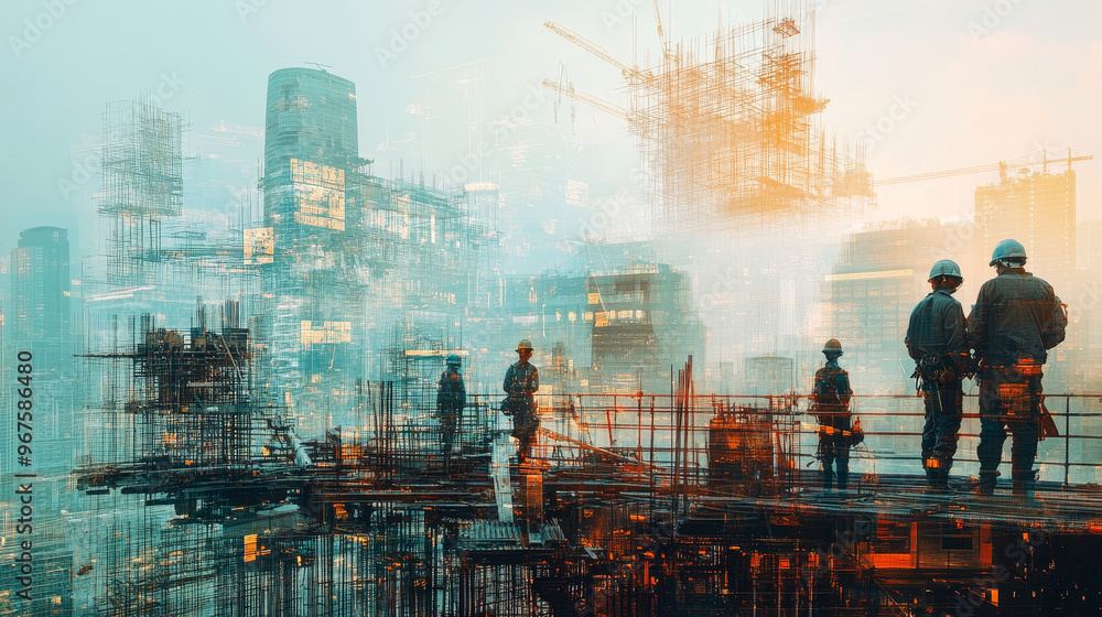 Poster image captures futuristic cityscape with construction workers amidst complex web of scaffolding and 
