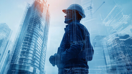 Fototapeta premium A construction worker stands in front of futuristic skyscrapers under construction, showcasing blend of technology and architecture. scene evokes sense of innovation and progress in urban development