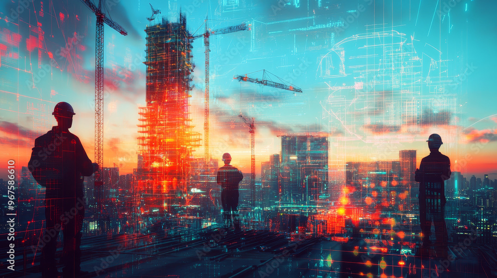 Poster futuristic urban development with construction workers silhouetted against vibrant skyline. double e