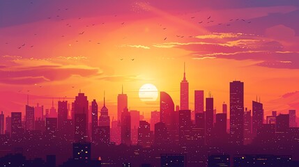 Fototapeta premium A colorful illustration of a city skyline with a sunrise.