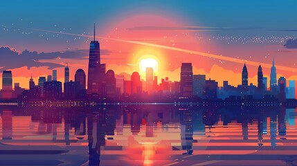 An illustration of a city skyline with a sunrise over a body of water.