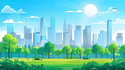 A cartoon illustration of a park in a city.