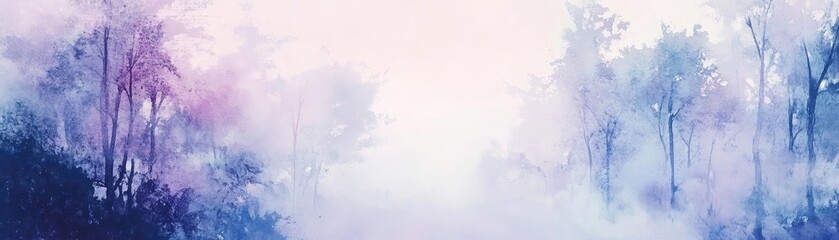 A serene landscape featuring soft hues of purple and blue, creating a dreamy atmosphere filled with misty trees.