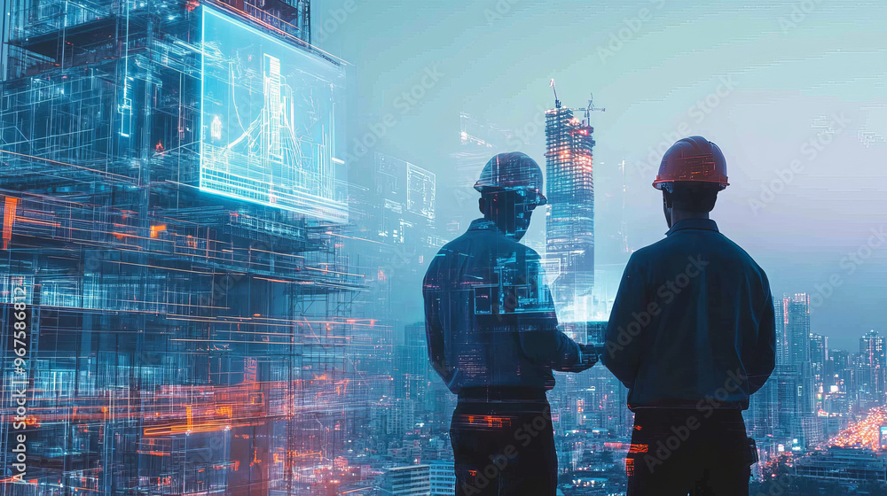 Poster innovative engineers observe advanced holographic devices in futuristic cityscape, showcasing integr