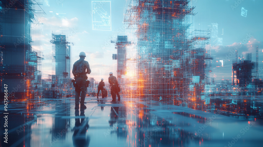 Poster futuristic construction site with workers, showcasing advanced technology and digital elements. scen