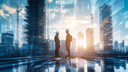 Obraz premium Futuristic skyline being constructed with workers silhouetted against vibrant sunset. scene captures essence of modern architecture and innovation in urban development