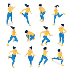 Isometric female runner, different poses, running girl, icons of a healthy lifestyle, the girl is engaged in fitness, jogging. Vector illustration