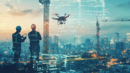 Innovative city construction site with workers using technology and drone flying overhead, showcasing advanced urban development and digital integration