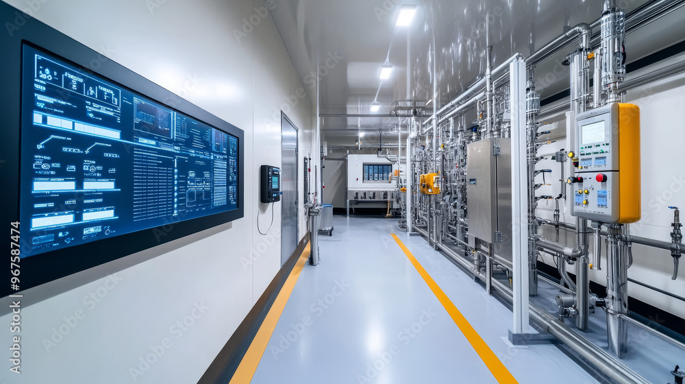 Poster a modern water filtration control room in factory, showcasing advanced technology and equipment for 
