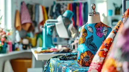 Vibrant Fashion Design Studio with Colorful Clothing and Accessories on Display