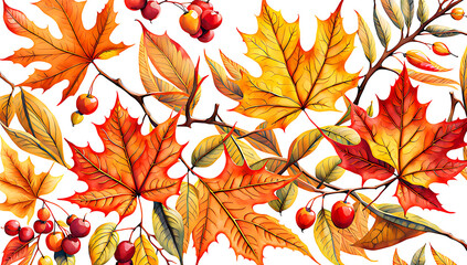 autumn-themed foliage, showcases a horizontal arrangement of various leaves in shades of red, orange, yellow, and brown, interspersed with small red berries and branches
