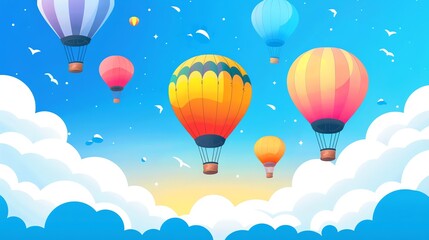Fototapeta premium Cartoon of colorful hot air balloons flying in a blue sky with clouds.