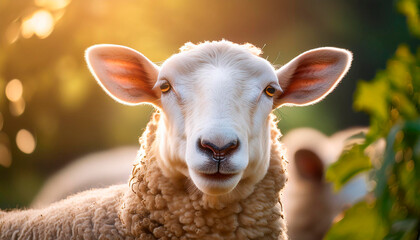 Fototapeta premium Plano cerrado de animal, oveja mirando a la cámara, iluminación atardecer en el campo.